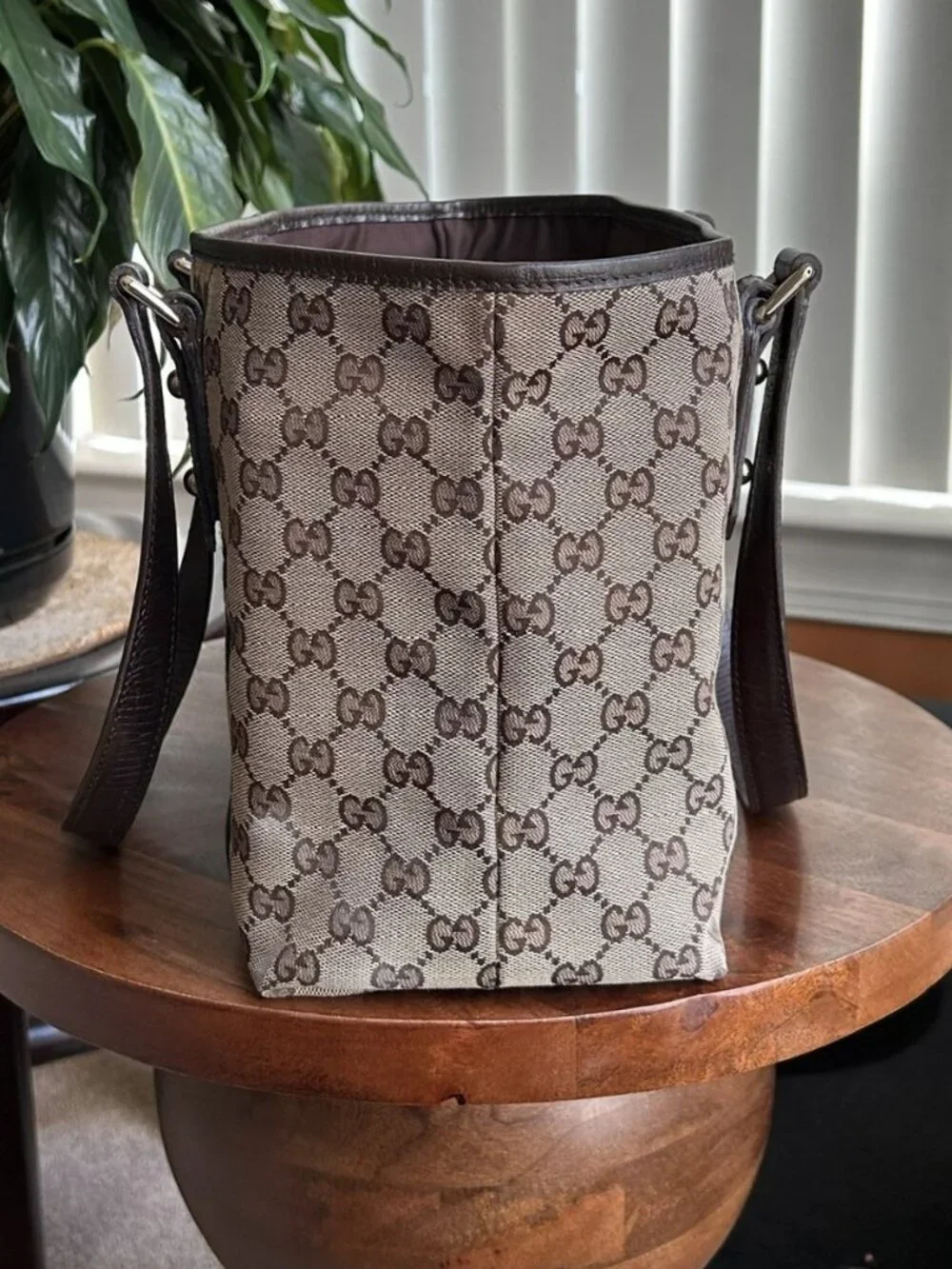 GUGGI GG Supreme Monogram Sherry Web Tote, Tan, Brown